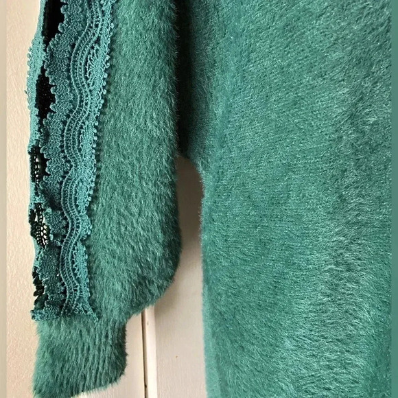 HODAMODA | Women Green Lace Splicing V Neck Pullover Sweater Size M - Picture 9 of 12
